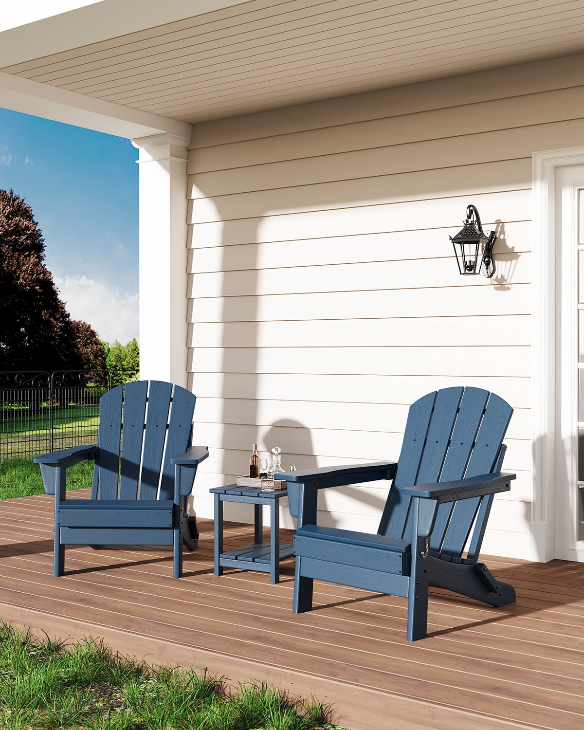 SOLLED Folding Patio Chair, Heavy Duty HDPE Adirondack Chair with 380 lbs Capacity & Cup Holder, All-Weather Outdoor Chair for Backyard Poolside Garden,Navy Blue