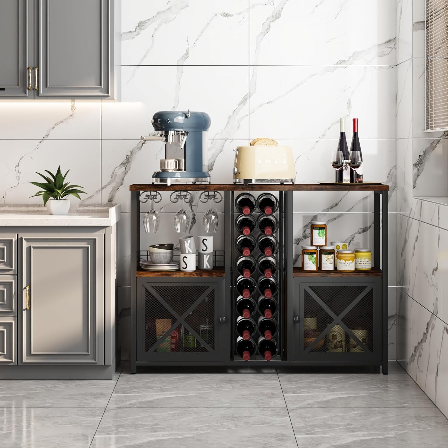 Mini Bars for Home, Wooden Coffee Bar Cabinet, Modern Liquor Cabinet for Liquor and Glasses, Farmhouse Buffet Wine Bar Cabinet with Storage Sideboard for Home Kitchen Dining Room