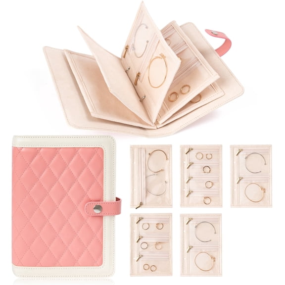 GROBRO7 Leather Jewelry Organizer Bag, Waterproof Travel Case, Cream and Pink, 1 Pack