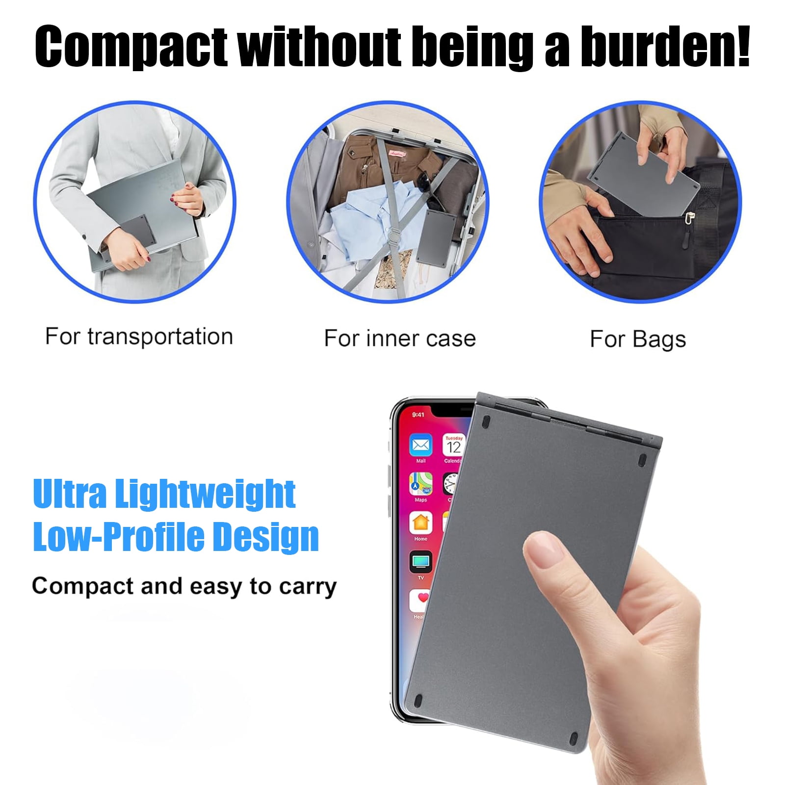 RONY Foldable Wireless Bluetooth Keyboard & Mouse Combo: Rechargeable Portable Travel Keyboard for Phone Laptop Mac Desktop (Silver)