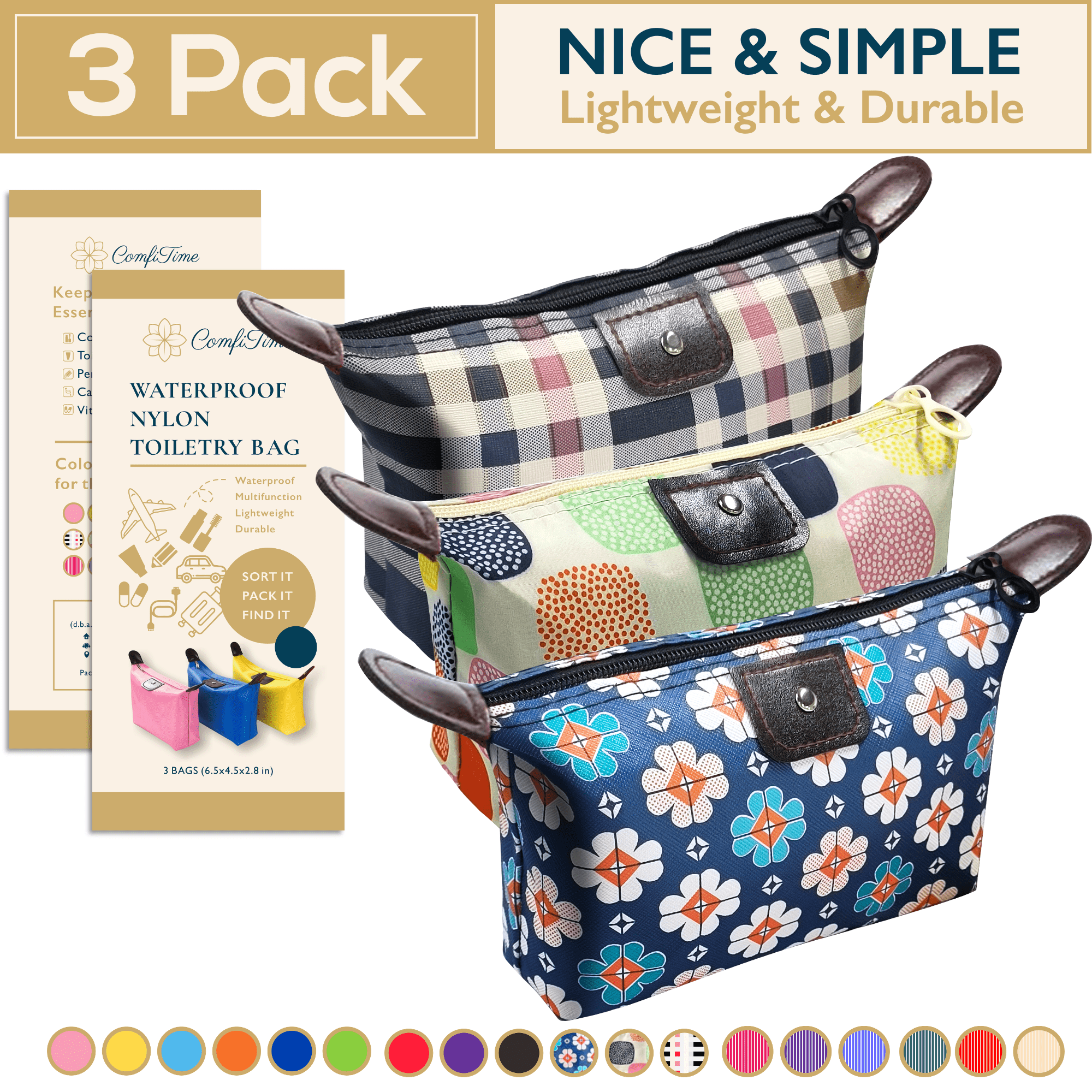 ComfiTime Makeup Bag - 3 Pack Toiletry Bag, Waterproof Cosmetic Bag, Travel Makeup Bag, Makeup Pouch, Toiletry Bag for Women, Men and Kids, Small Makeup Organizer Bag, Multi-Purpose Nylon Zipper Bag