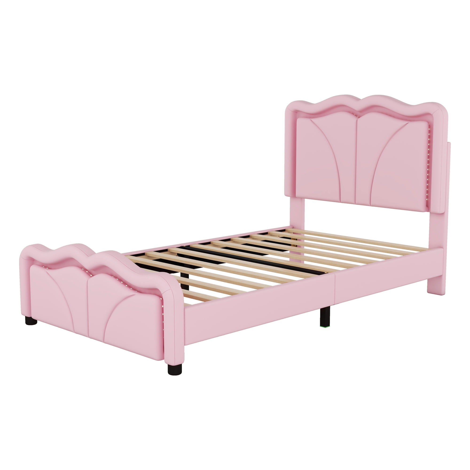 EUROCO Upholstered Twin Platform Bed, Cartoon Bed with Adjustable Headboard and LED Light for Toddler Kids Teens Adults, No Box Spring Needed, Pink