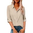 thumbnail image 2 of Linen Blouse for Women Lapel V Neck Rolled Sleeve Button Down Casual Officewear Loose Fit Solid Texture Lightweight Breathable Soft Fabric Summer Fall Tunic Tops, 2 of 7