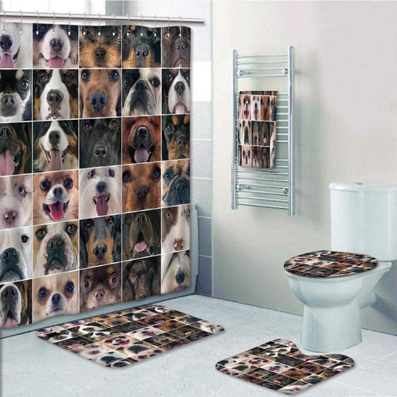 PRTAU Dogs in Studio Chihuahua Chow Chow Cocker Spaniel Poodle Purebred Sheepdog 5 Piece Bathroom Set Shower Curtain Bath Towel Bath Rug Contour Mat and Toilet Lid Cover