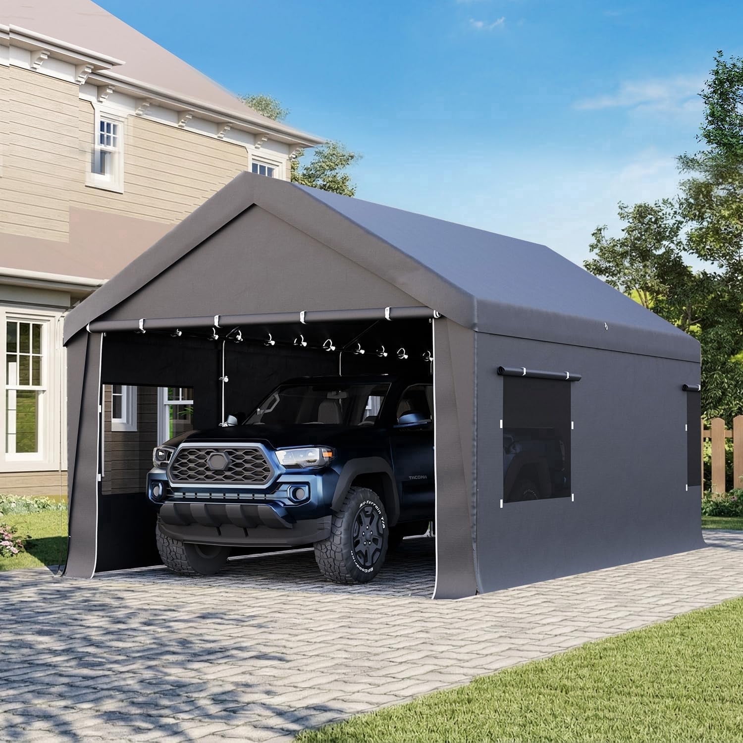 Bezseller 12x20 FT Heavy Duty Carport Canopy with Removable Sidewalls, Portable Garage Tent with Roll-Up Windows & Doors, Gray