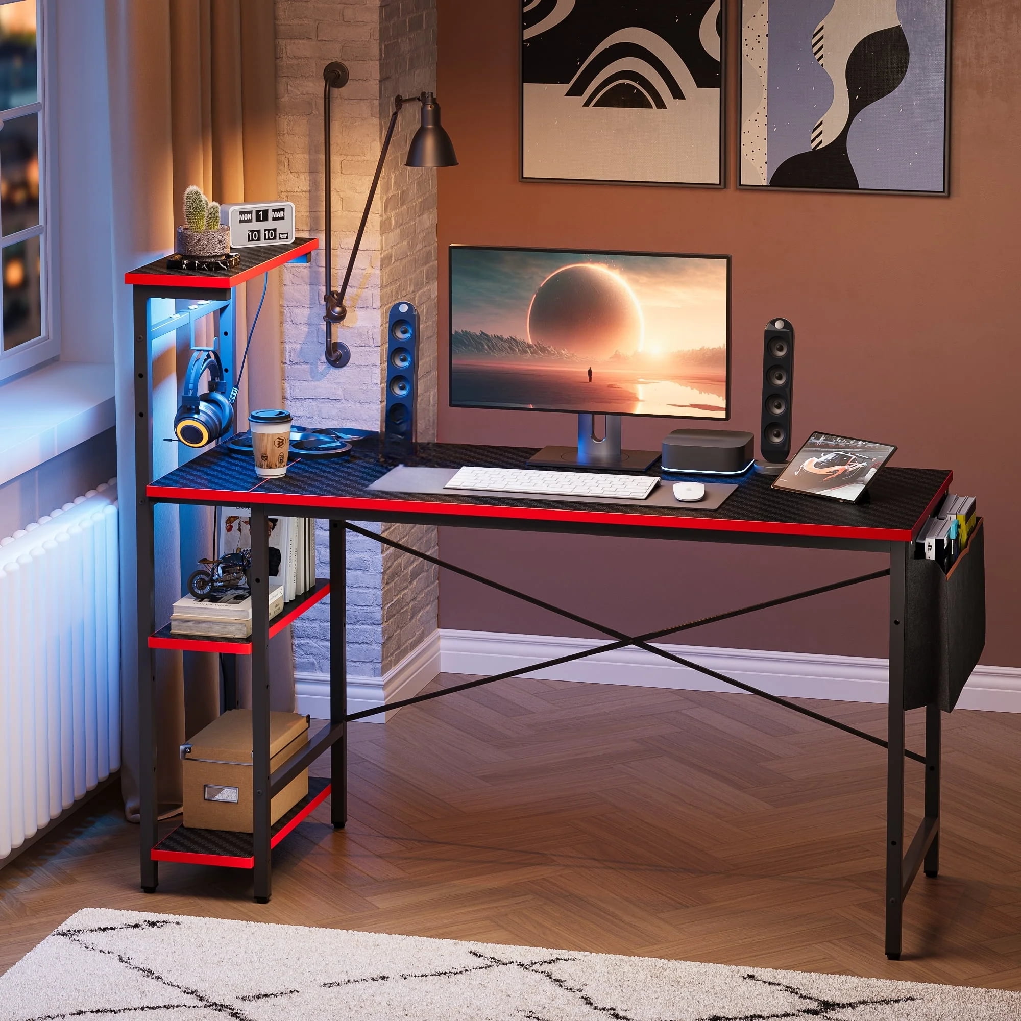 Bestier 52 inch Gaming Desk with LED Lights & Reversible Storage Shelves,LED Gamer Desk for Home and Office,Computer Office Desk with with Side Storage Bag-Carbon Fiber Platform