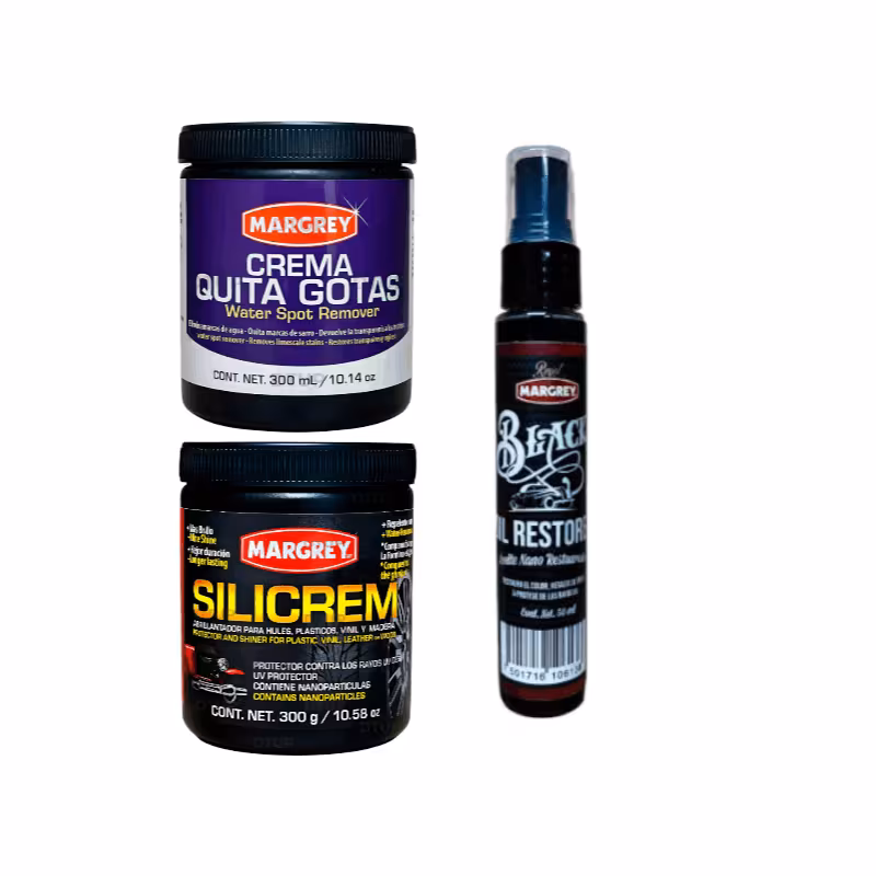 thumbnail image 1 of Combo Margrey Restauración y Brillo Exterior | Quita Gotas 300 ml + Oil Restorer 50 ml + Abrillantador Silicrem 300 g, 1 of 1