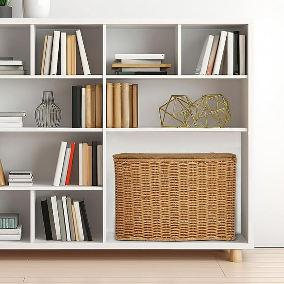 Narrow and Tall Storage Box Woven Storage Basket with Lid Lightweight Decorative Storage Bin with Handle for Bedroom Clothing