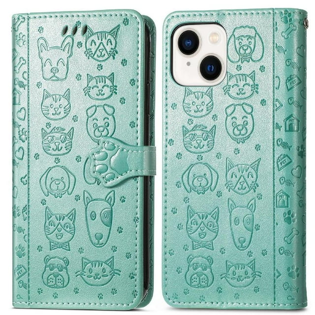 Funda Cartera FOXDOCK para iPhone 15 Plus , Flip PU con Relieve de Gatos y Perros, Tarjetero y Soporte