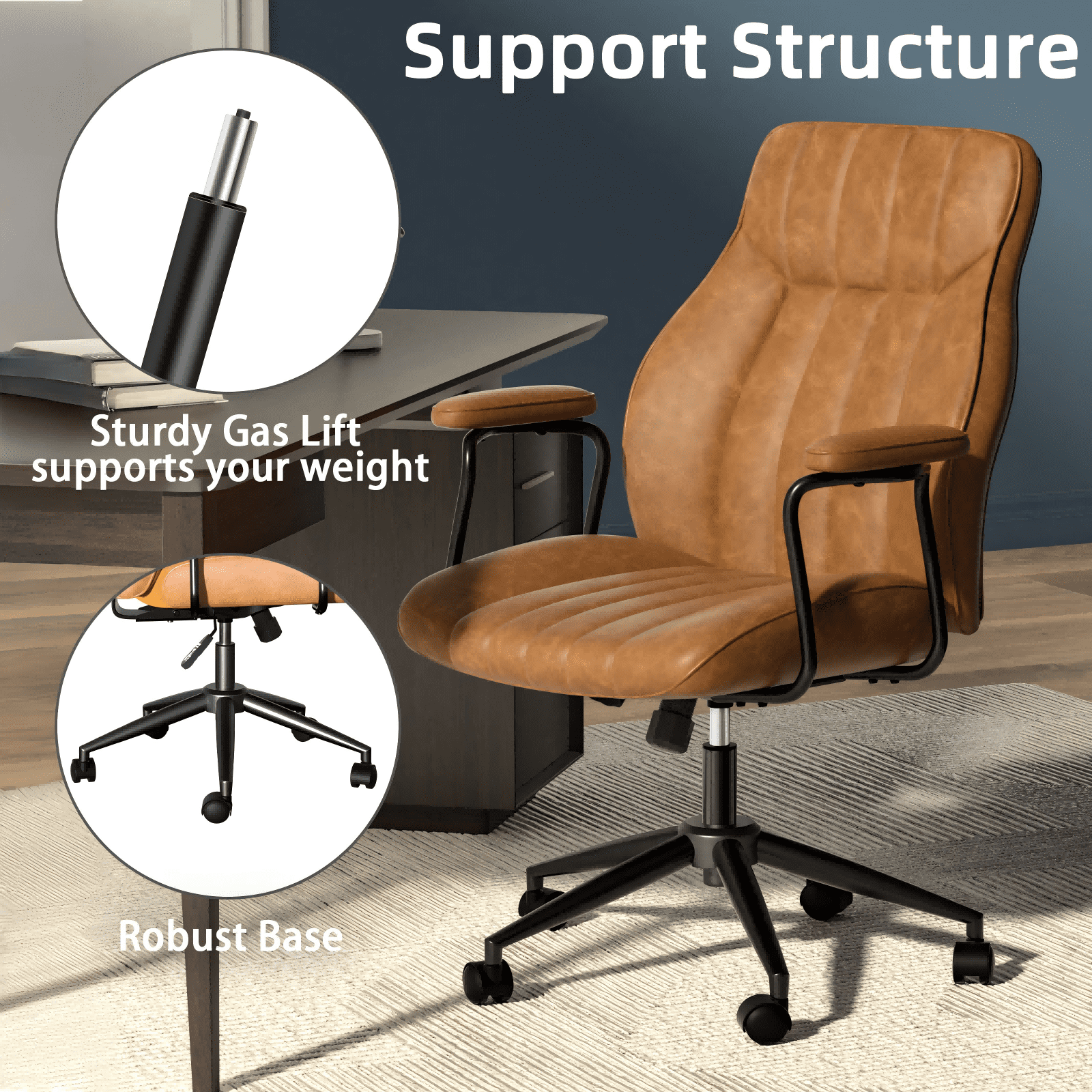 Genpo Brown Leather Office Desk Chair with Wheels and Arms, Height Adjustable, Vintage, Mid Century Modern Style