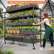 55.2W x 85.8H Wire Shelving Rack 3000Lbs Metal Storage Shelves with Wheels 5 Tier Heavy Duty Storage Rack for Garage Rolling Shelving Unit Adjustable Steel Shelves for Kitchen Pantry, Black