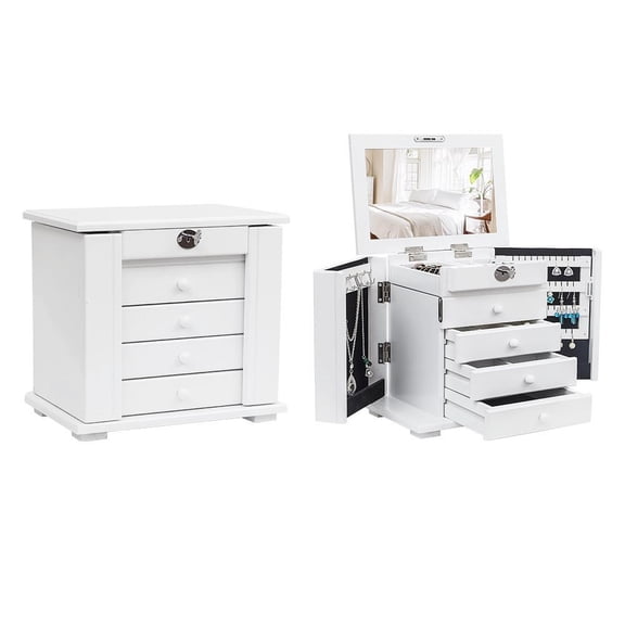 GoDecor Wooden Jewelry Box Jewelry Armoire Organizer Wood 5 Layers Case with 4 Drawers-White