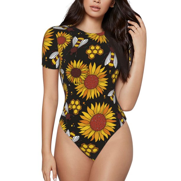 Balery Sunflowers And Bww Body de cuello redondo de manga corta para mujer Tops de manga corta Tops básicos-XX-Large