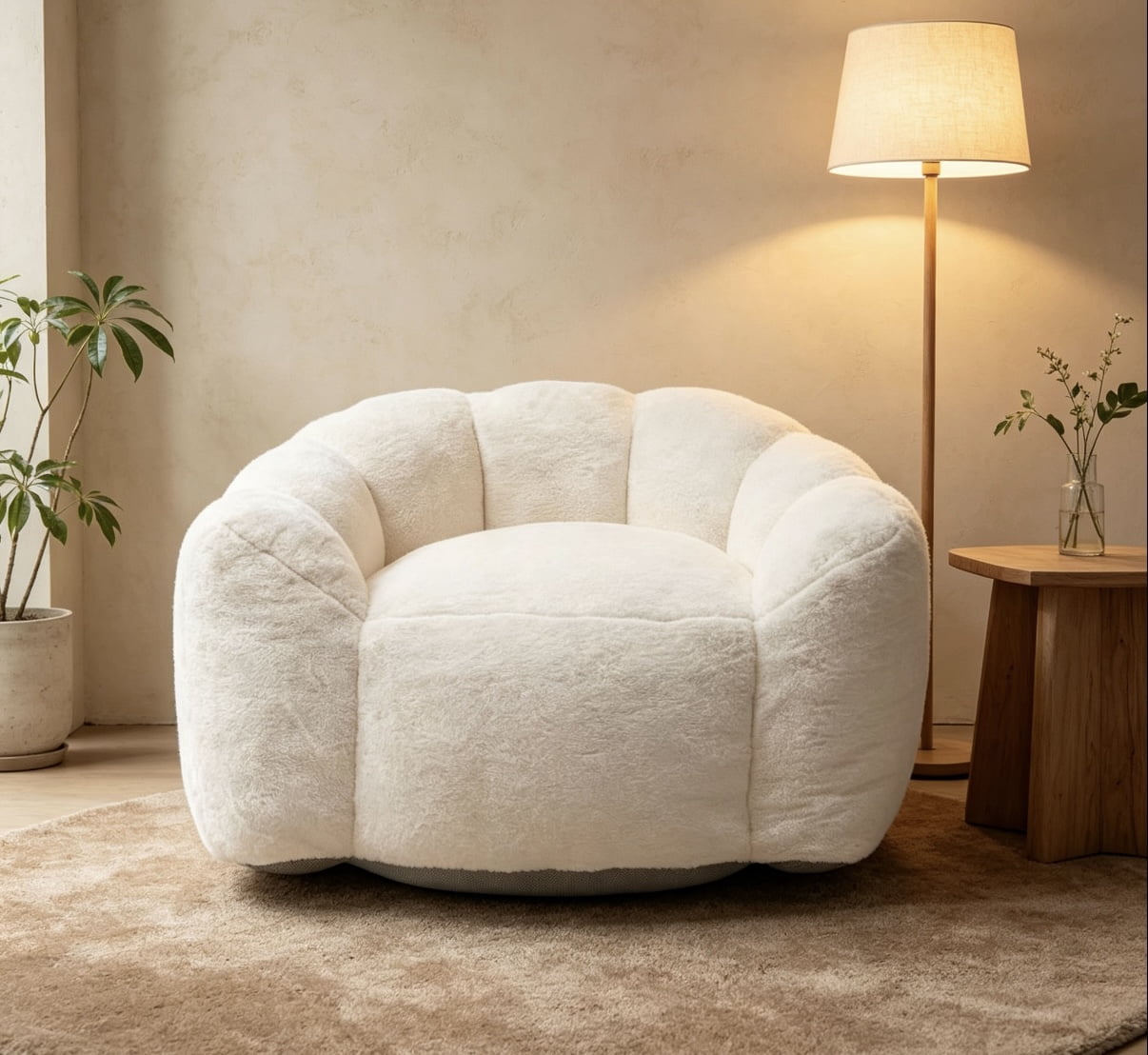 Leumius Cloud Lazy Sofa Chair,Velvet Bean Bag Chair,Comfortable Floral-Shaped Lounger Lazy Sofa for Bedroom/Living Room/Gaming,Beige White