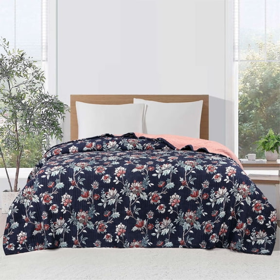 Mainstays 100% Cotton Matelasse Quilt Bedding Navy Floral Printed Diener Filled Jacquard Quilts, Full/Queen - Reversible, Breathable