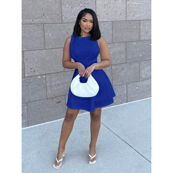 Royal Blue Solid Sleeveless A-Line Waist Fitted Elegant Mini Dress For Women