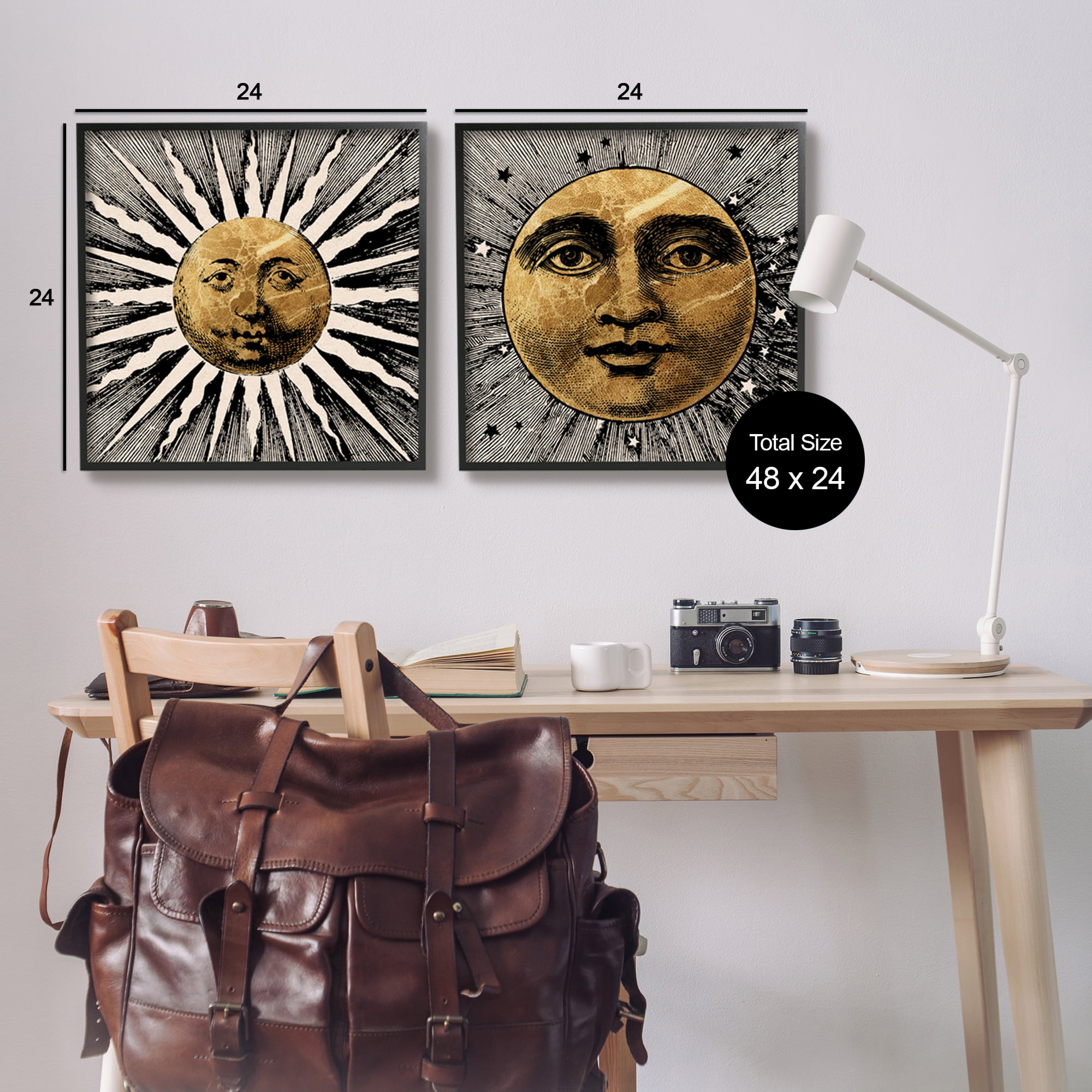 Stupell Industries Boho Sun & Moon Landscape Painting Black Framed Art Print Wall Art, 24 x 24
