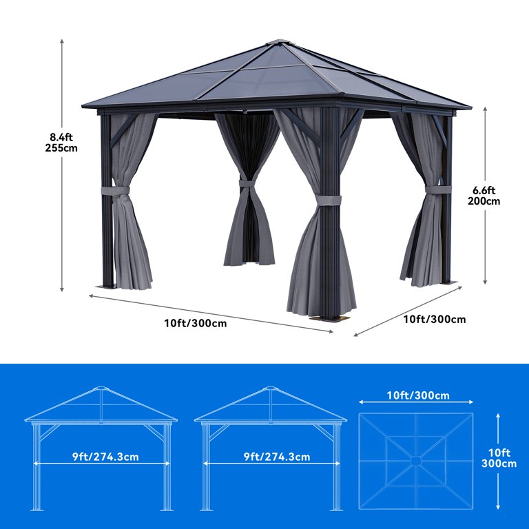 Dextrus 10x10FT Outdoor Gazebo with Polycarbonate Hardtop