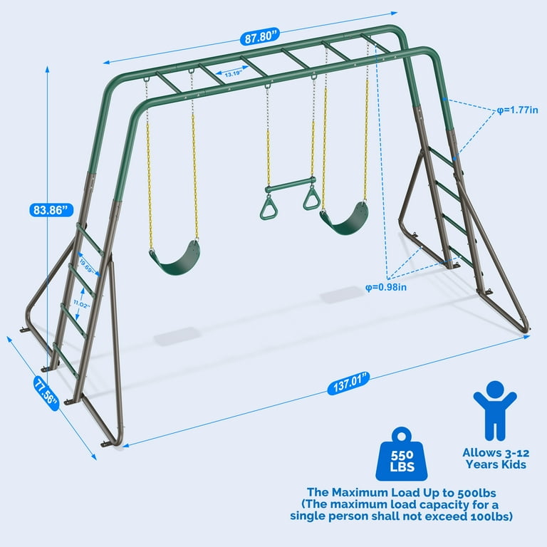 KloKick Metal Outdoor Playground Swing Set with Monkey Bars, 2