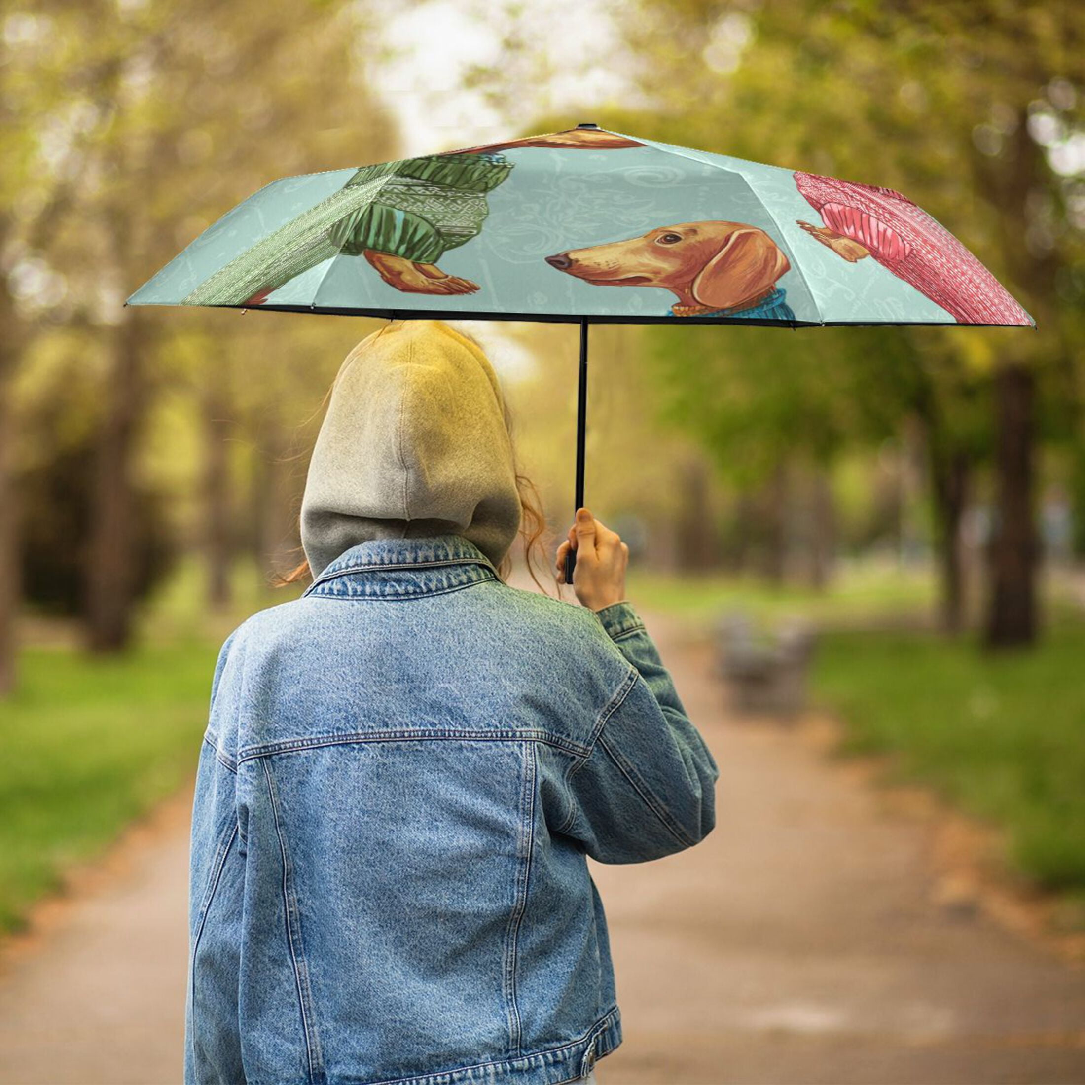 Cute Dachshund in Colorful Sweaters All Weather Umbrella Triple Folding Parasol 6 Ribs UV Protection Portable