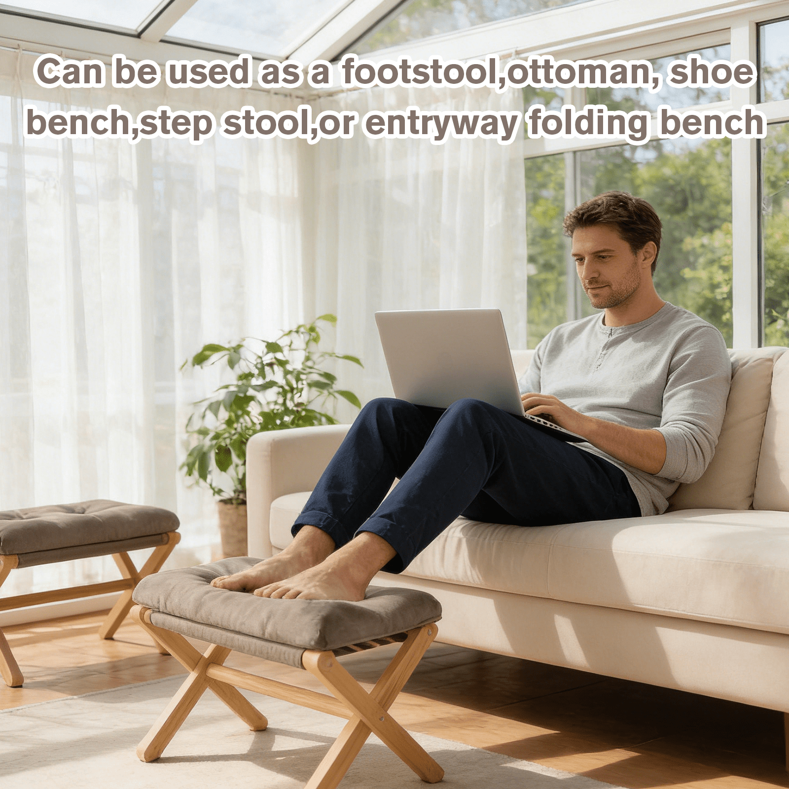 GIRACOA Folding Wooden Footrest Stool – Padded Collapsible Small Ottoman, Portable Foot Rest for Couch & Sofa, Grey, Ideal for Living Room & Bedroom