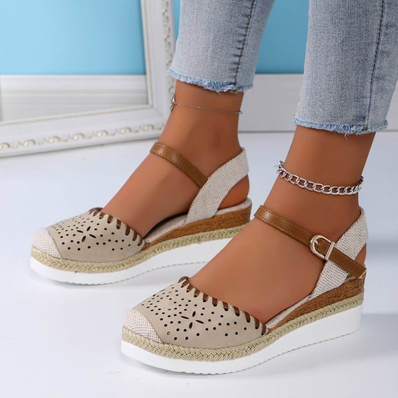 Women's Orthopedic Platform Wedge Sandals with Ankle Strap Summer Dressy 2026 Boho Espadrille Sandals for Beach Travel Beige 7.5