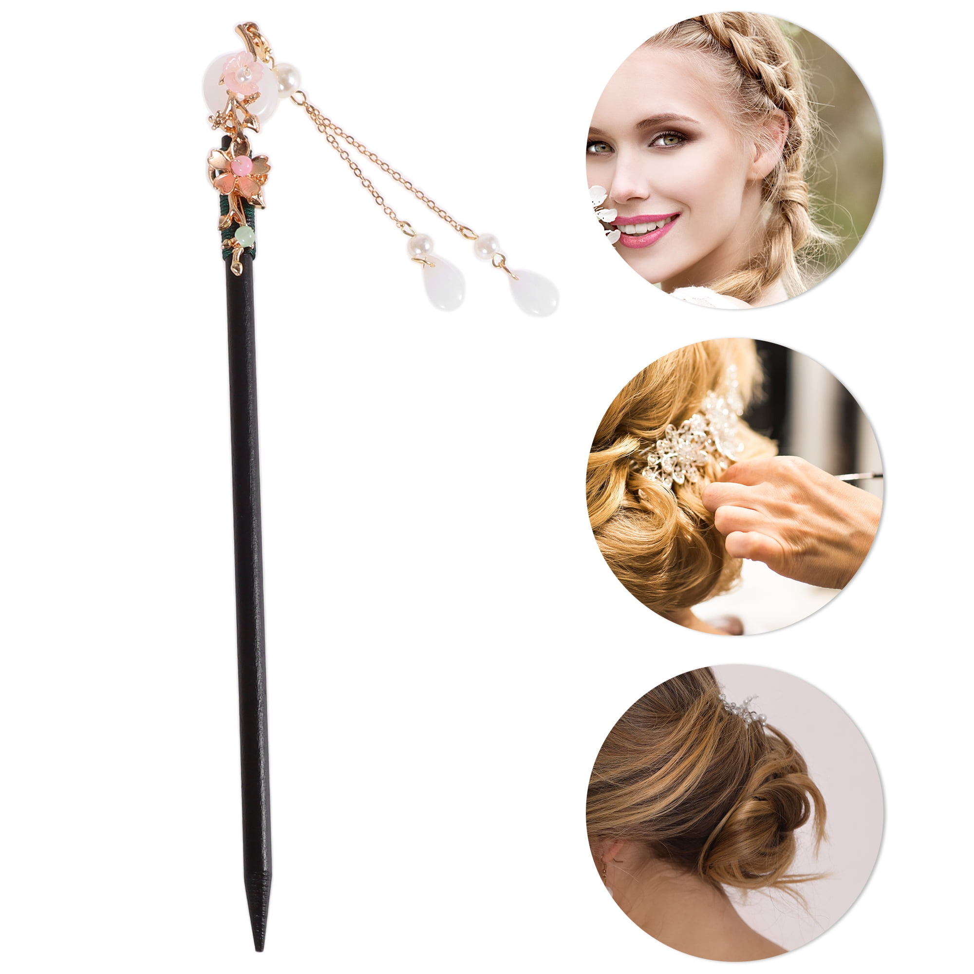 Unique Bargains Gardenia Tassel Hair Chopstick Black White Pink 1 Pc Small Jade buckle