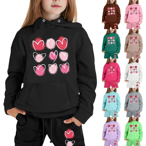 Girls' Clothing Sets Valentine's Day Heart Printed Long Sleeve Sweatshirts and Sweatpants Trendy Casual Comfort Toddler Outfits for Girls,Black,6-7 Years