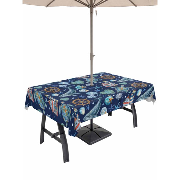 Outdoor Tablecloth with Umbrella Hole for Patio/Picnic/Party/Camping, Blue Coastal Waterproof Table Cloth Rectangle Table Cover Washable, Nautical Whale Shell Starfish Ocean (60"x 84")