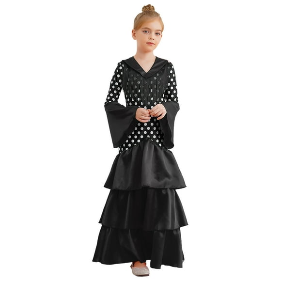 YiZYiF Spanish Flamenco Dance dress for Girls Long Sleeves V-neck Tassels Polka Dots Tiered Maxi dress Black 14