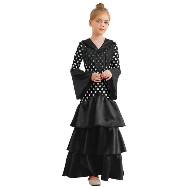 YiZYiF Robe de Danse Flamenco Espagnole pour Filles Manches Longues Col en V Franges Pois Robe Maxi à Étages Noir 16