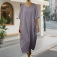 thumbnail image 2 of Horkkom Maxi Dress for Women Summer Short Sleeve Linen Dress Casual Loose Flowy Dresses Crew Neck Solid Color Long Dresses S, 2 of 6