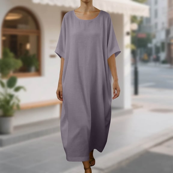 Hxlamzoo Women's Dress | Solid Color Round Neck Short Sleeve Linen-like Long Dress | Casual Comfortable Breathable Daily Wear
