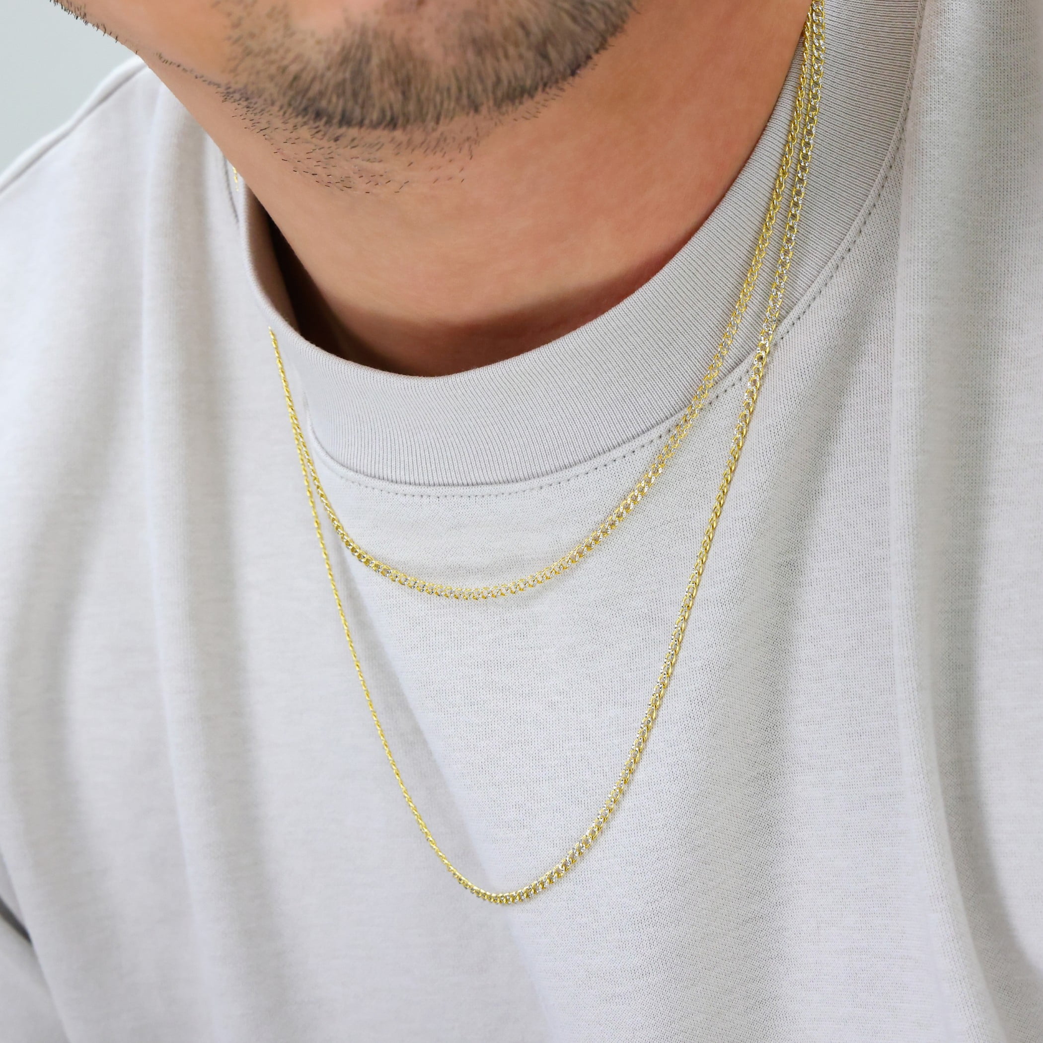 Nuragold 10k Real Yellow Gold Cuban Curb Link 2.5mm Diamond Cut Pave Chain Necklace (16"-26") Two Tone Italian Jewelry for Men & Women
