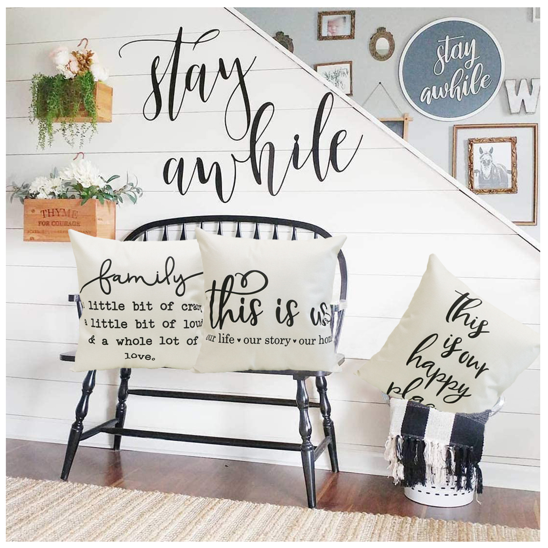 NYDECOR Farmhouse Pillow Covers 18x18 Set of 4 Rustic Family Throw Pillow Covers Quote Home Sweet Home Pillow Case This is Our Happy Place This is Us Cushion Cover Cotton Linen for Couch Sofa Bed