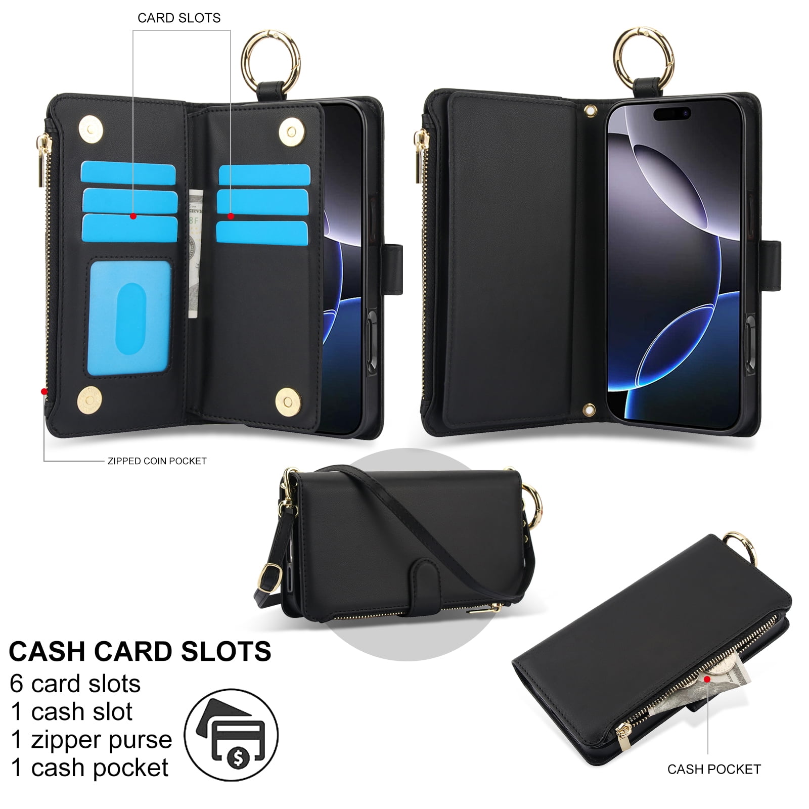 ELEHOLD For iPhone 13 Pro Max Phone Case Leather Crossbody Zipper Card Wallet Flip Case Kickstand Cover, with Ring Holder,Full Body Protection-Black