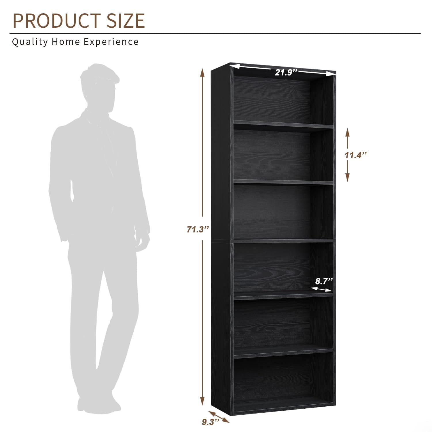 Bapipro Bookcase and Bookshelf, Floor Standing 6-Tier High Bookshelf, Display Storage Rack, Home Decorative Furniture, Suitable for Home Offices, Living Rooms, and Bedrooms,Black