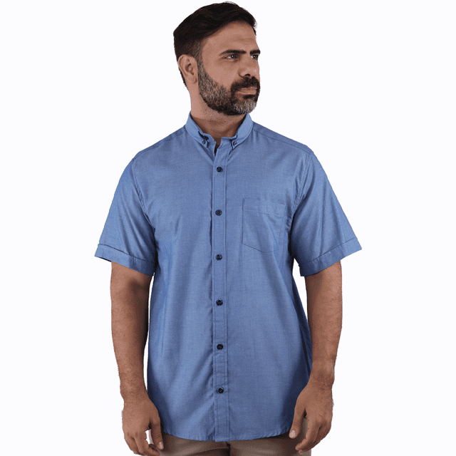 Camisa Formal Manga Corta Azul Jaspe Tela Con Textura para Hombre