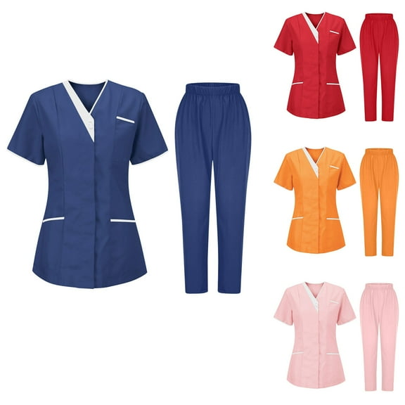 Feancey Women's Scrub Sets Solid Casual Medical Scrubs Set Nurse Casual V Neck Short Sleeve Tunic Tops and Jogger Pants Workwear Outfits with Pockets Orange 3XL