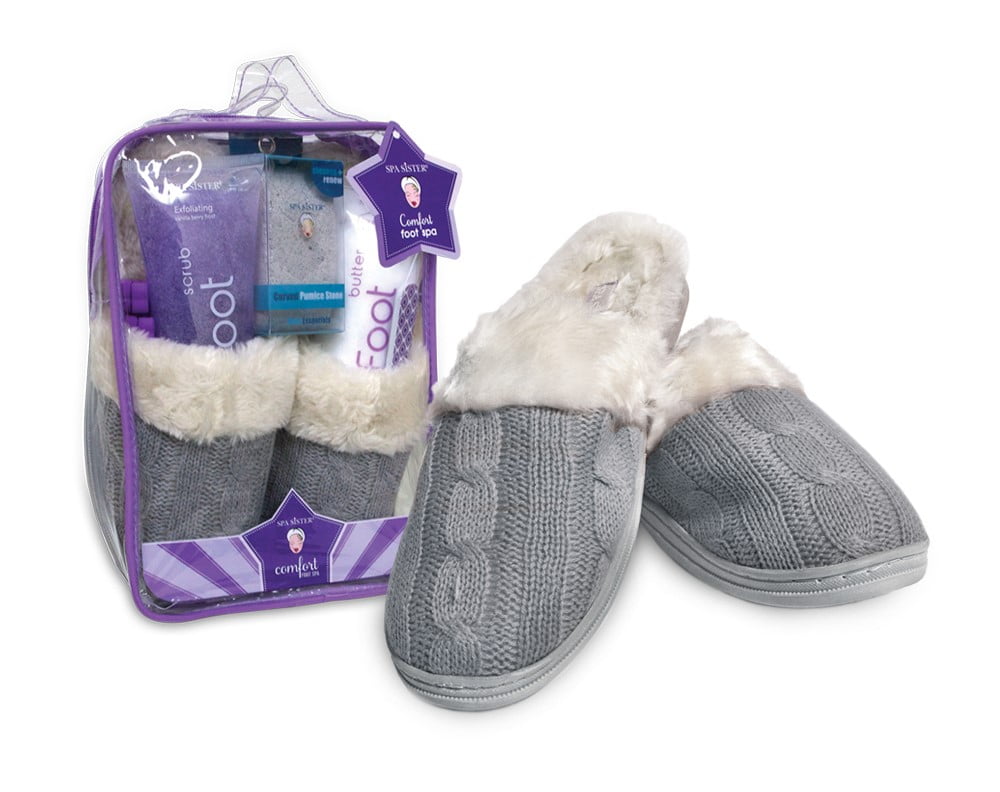 Spa Sister Comfort Foot Spa Cable Knit Slippers, Vanilla Berry Grey