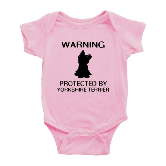 Warning: Protected by A Yorkshire Terrier Dog Funny Baby Rompers Bodysuit (Pink,0-3 Months)