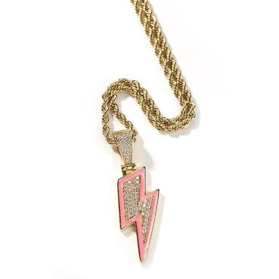 18K Gold Over Finish Simulated Diamond Iced Out Pink Lightning Bolt Electricity Charm Pendant Necklace, Birthday Gift, Christmas Gift, Glow