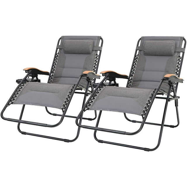MF Studio Set de 2 Fauteuils Rembourrés Zero Gravity avec Accoudoir en Bois Réglable avec Porte-Gobelet, Support 350 LBS