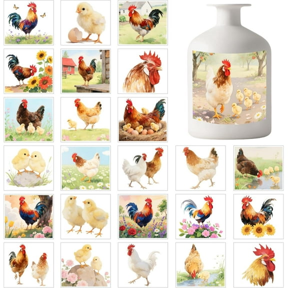 25 Sheets Rooster Chicken Colorful Mason Jar Decal Stickers Farm Animal Plastic Decal Stickers Adhesive Lantern Jar Sticker for Window Lamp Glass Cup Vase Art Home Decor