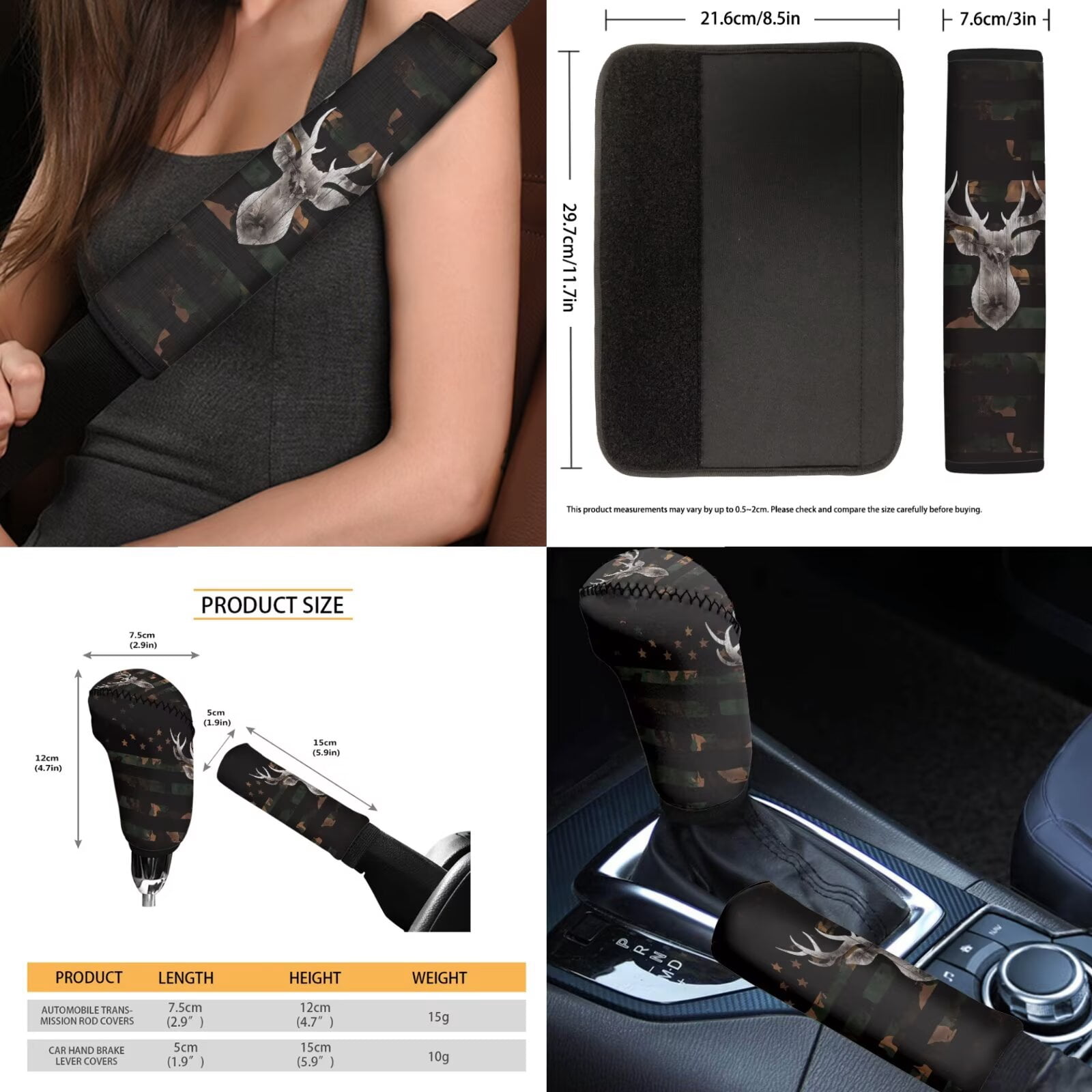FKELYI American Flag Antler Print Car Seat Covers with Steering Wheel Cover Auto Center Console Pad Seat Belt Pads Head Rest Covers Gear Shift Cover Hanbrake Cover, 16 Piece Interior Decor