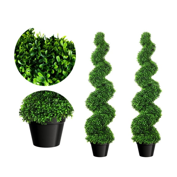 Artificial Boxwood Spiral Topiary Trees, Set of 2, 3 Ft Tall Decorative Fake Plants, Faux Greenery with PE Leaves, All-Year Green Twisted Trees for Patio, Balcony, Living Room, Yard