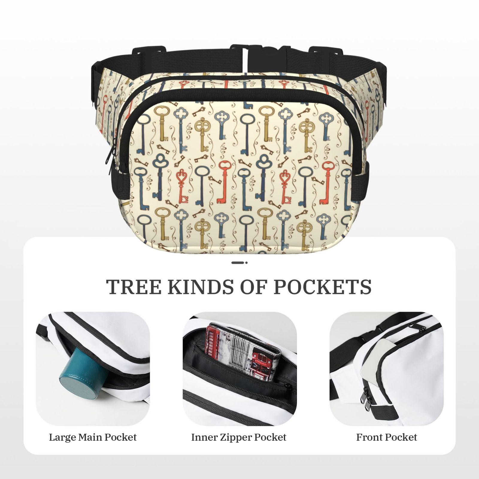Picia Vintage Keys1 Print Square Double-Layer Waist Bag Mini Adjustable Waist Belt Bag Exercise Running Travel Hiking