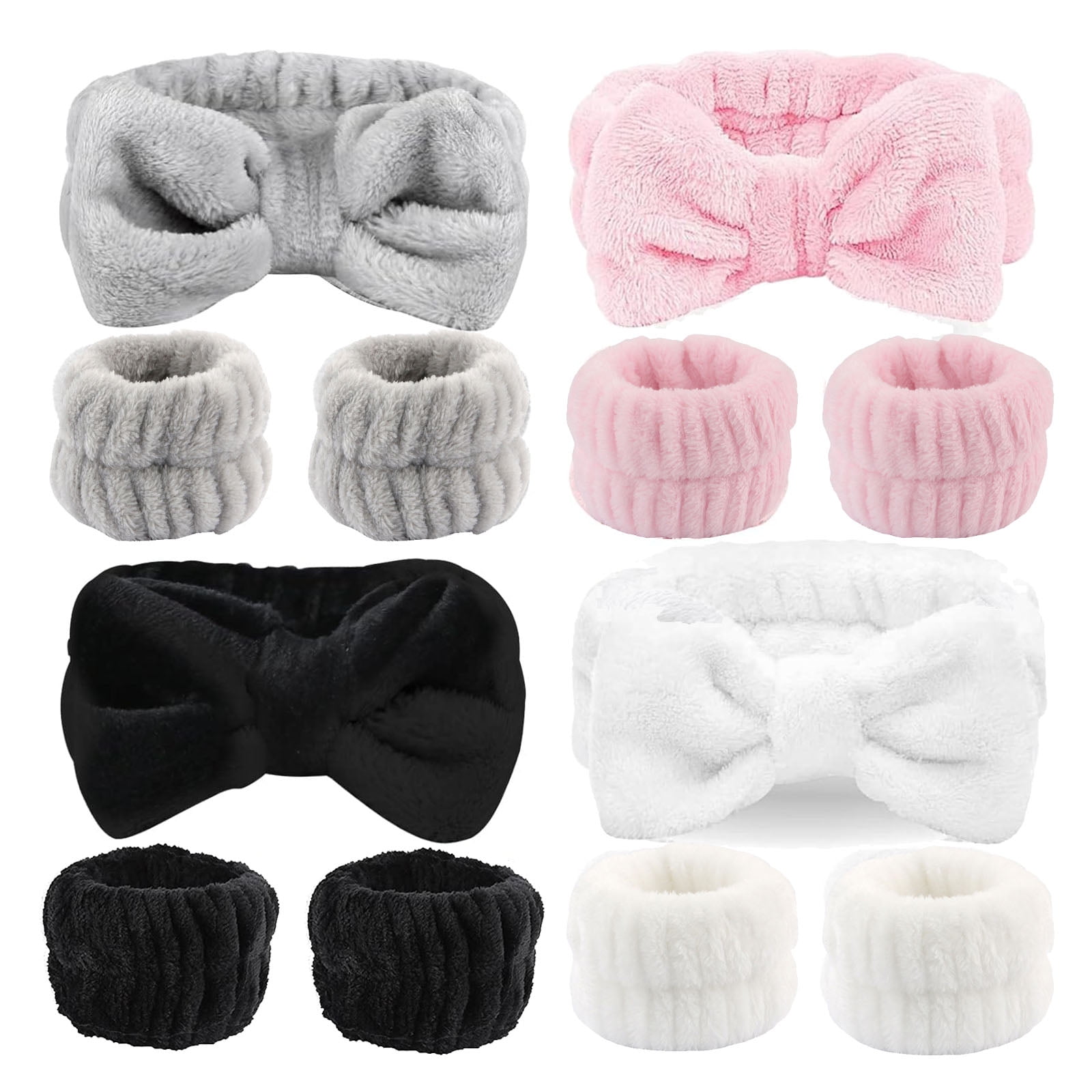 ZHUYING 12 PCS Face Wash Headband Wristband Set for Women Girls, Soft Microfiber Facial Spa Hair Wraps Makeup Skincare Bath Headbands Wrist Bands for Washing Face（White, Pink, Gray, Black）