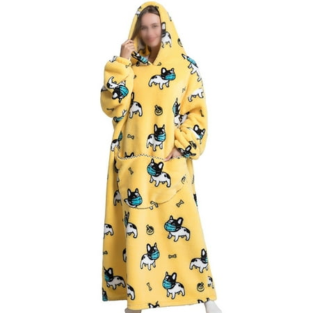 

Frontwalk Women Lounge Fuzzy Fleece Oversized Wearable Blanket Long Sleeve Kangaroo Pocket Sleep Dress Pajama Nightgowns Dog Great Print