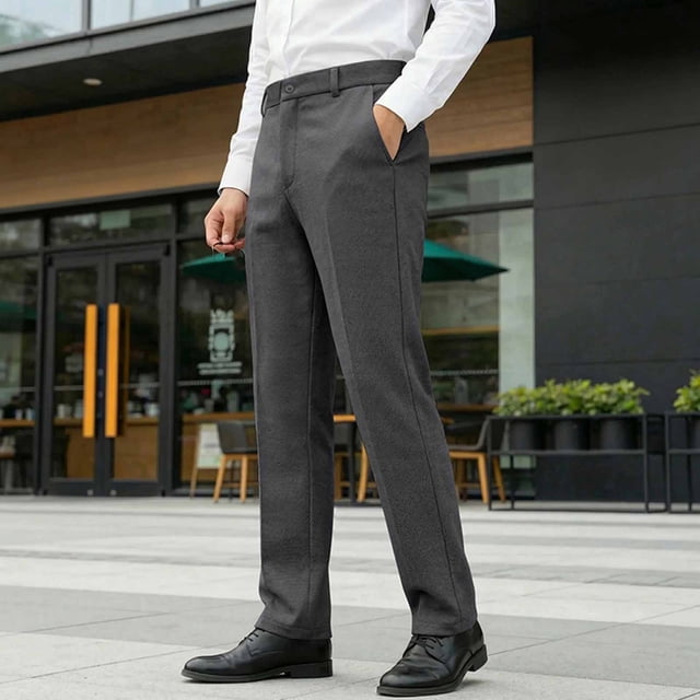 Ceisia Men's Solid Color Slim Straight Leg Wool-Like Dress Pants for Business Commute Dark Gray XXL Gifts